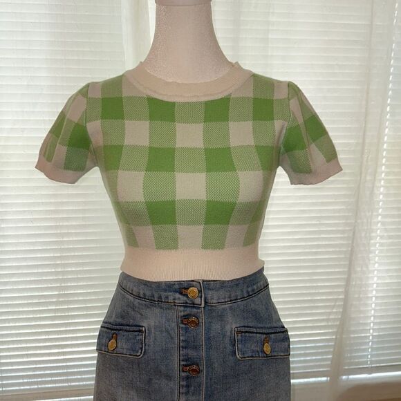 Princess Polly 2 Crewneck Cropped Short Sleeve Casual Check White Green Sweater - Picture 3 of 11